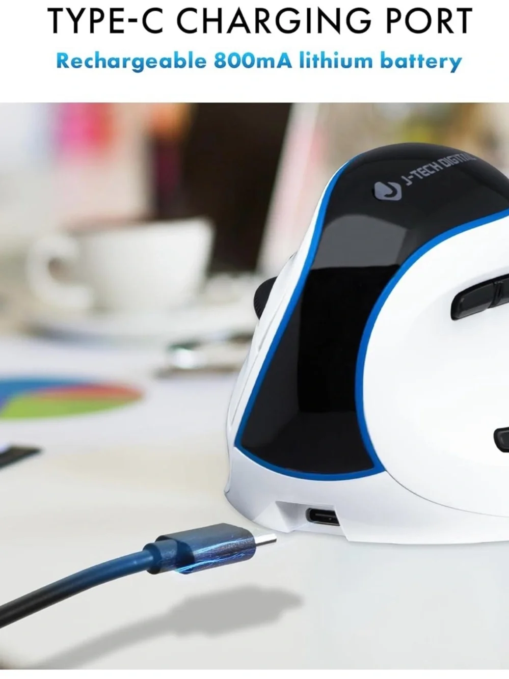 J-Tech Digital Ergonomic Vertical Wireless Mouse - Black with Rainbow Accent